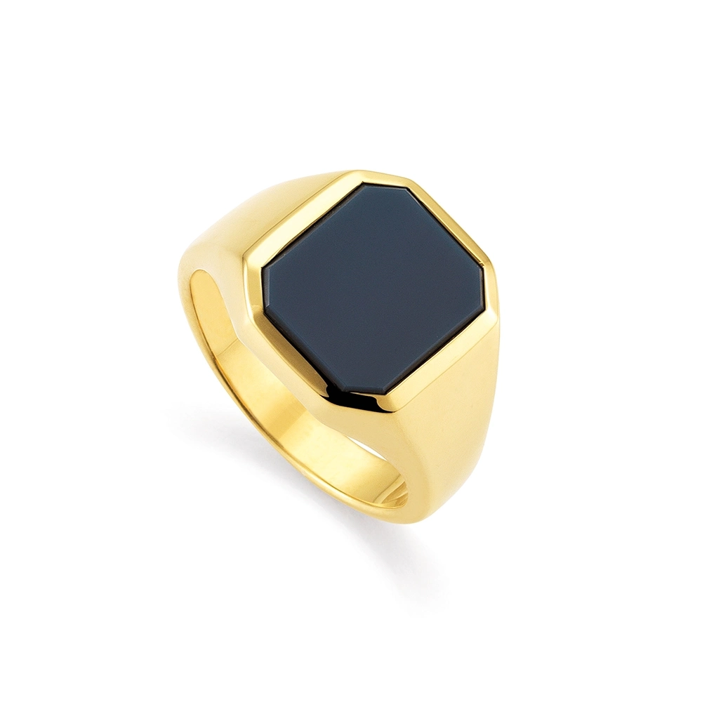 Sinettisormus Romeo & Julia Lite, 18k keltakulta, sininen onyksi, kahdeksankulmainen 13.2 x 11.0 mm