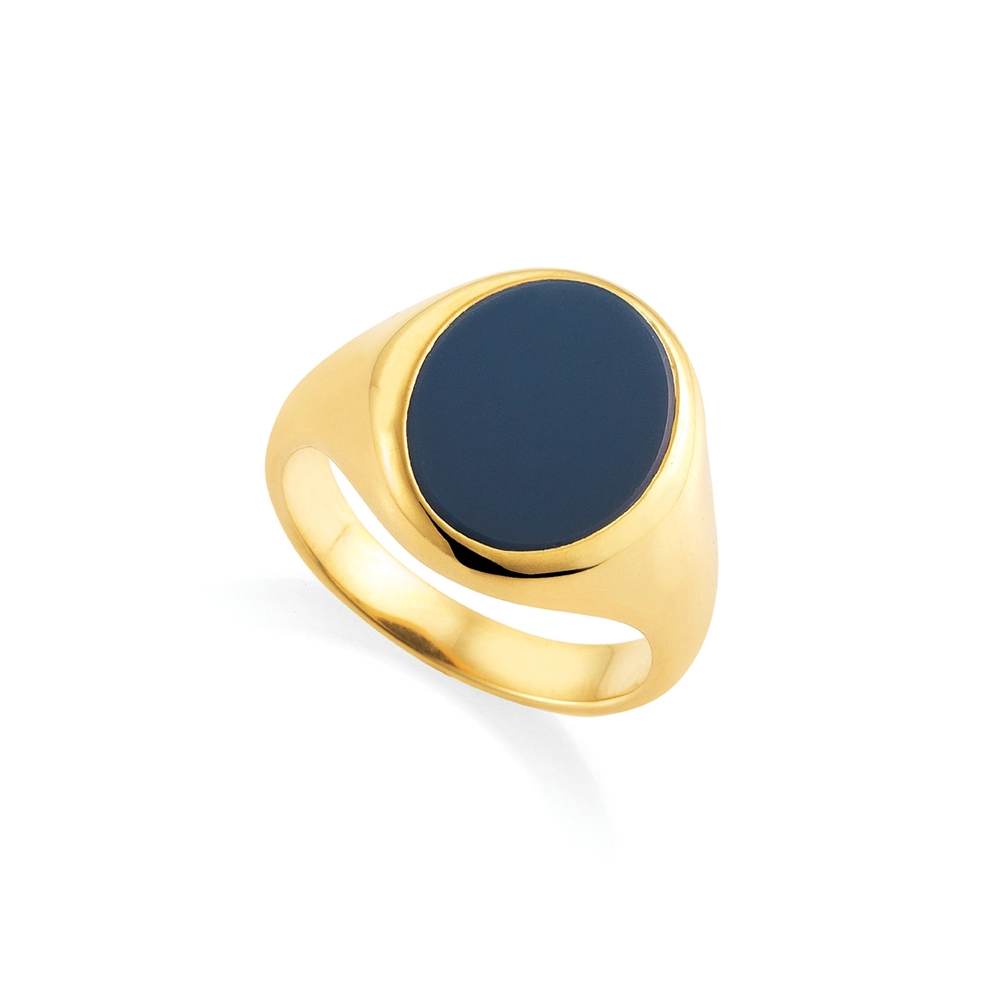 Sinettisormus Romeo & Julia Lite, 18k keltakulta, sininen onyksi, ovaali 13.5 x 10.5 mm